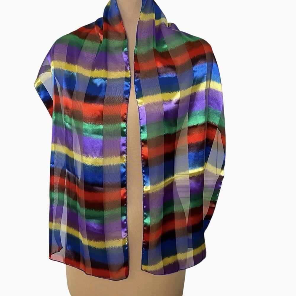 Womens Fashion Neck Scarf Rainbow Stripe Lightweight Shimmer Summer Long Wrap